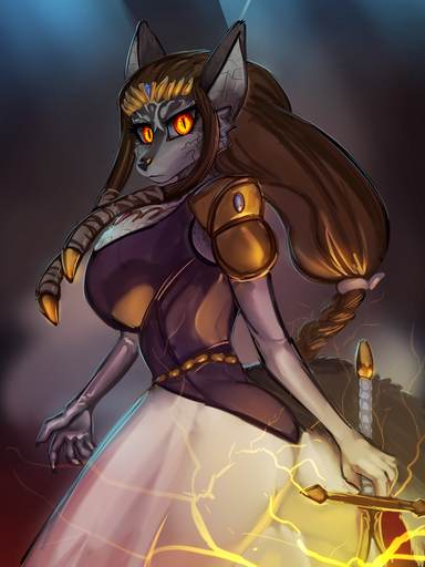 alternate_species amber_eyes armor big_breasts breasts brown_hair canid canine canis clothing digital_media_(artwork) dress female fur general-irrelevant gold_(metal) gold_jewelry grey_body grey_fur hair hi_res holding_object holding_sword holding_weapon human jewelry long_hair looking_at_viewer mammal melee_weapon pauldron princess_zelda pupils slit_pupils solo species_transformation sword transformation video_games weapon wolf // 1080x1440 // 702.7KB