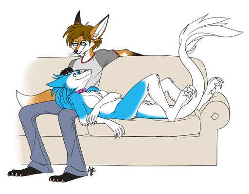 adriofthedead anthro barefoot canid canine clothed clothing collar duo eyewear feet female fox foxydude furniture glasses male mammal nude petting sergal sofa valkyrie_the_corrupt_sergal // 1280x1000 // 368.9KB