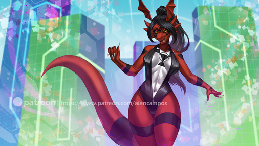 16:9 alanscampos anthro black_hair black_sclera breasts butt_from_the_front cleavage clothed clothing digimon_(species) female front_view guilmon hair head_wings leotard navel nipple_outline red_body red_scales scales smile solo thick_tail thick_thighs thigh_gap unzipped wide_hips widescreen wings // 1280x720 // 249.7KB