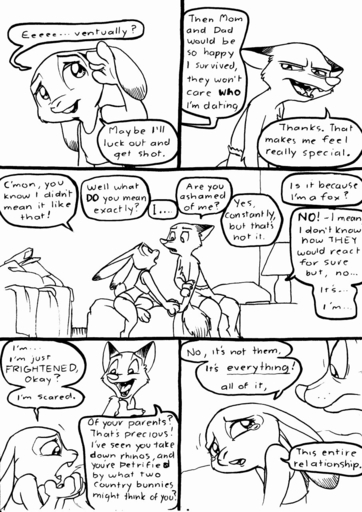 2016 anthro bed black_and_white bodily_fluids canid canine chest_tuft clothed clothing comic dialogue disney duo ears_back english_text eric_schwartz female fox furniture hi_res inside judy_hopps lagomorph leporid male malefemale mammal monochrome nick_wilde open_mouth phone pivoted_ears predatorprey rabbit sarcasm sitting skimpy tears teeth text topless tuft zootopia // 906x1280 // 276.5KB