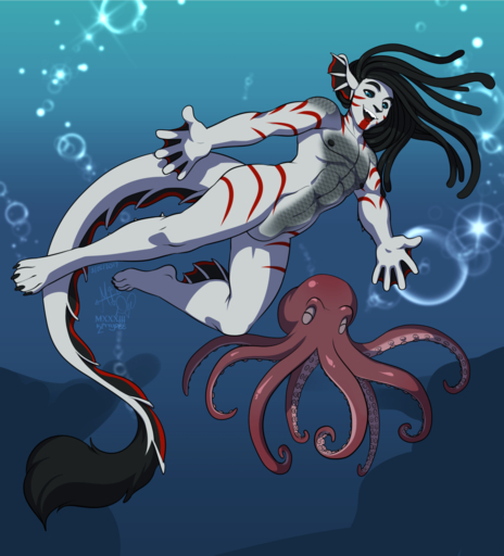 ambiguous_gender animal_humanoid aquatic_dragon aquatic_dragon_humanoid black_sclera blue_eyes cephalopod coleoid dragon dragon_humanoid dreadlocks duo featureless_crotch feral hi_res humanoid kittydee male mantle_(mollusk) marine marine_humanoid mollusk muscular nipples nude octopodiform open_mouth open_smile smile swimming underwater water // 1159x1280 // 705.5KB