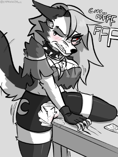 2019 5_fingers absurd_res anthro big_breasts black_body black_bottomwear black_clothing black_ears black_fingerless_gloves black_fur black_legwear black_nose blush blush_lines bodily_fluids bottomwear breast_squeeze breasts canid canid_demon canine canis capaoculta claws cleavage clothed clothing crop_top demon desk digital_media_(artwork) eyebrow_piercing eyes_closed facial_piercing female fingerless_gloves fingers fur furniture genital_fluids genitals gloves grey_background grey_body grey_clothing grey_fur grey_topwear hair hand_on_breast hand_under_shirt handwear hellhound helluva_boss hi_res holding_breast humanoid_hands improvised_sex_toy inverted_pentagram legwear loona_(vivzmind) mammal masturbation monotone_background multicolored_body one_eye_closed pent_up piercing pussy pussy_juice red_sclera scratching shirt shorts signature silver_hair simple_background solo table table_humping thigh_highs topwear torn_bottomwear torn_clothing torn_shorts toying_self two_tone_body two_tone_tail vaginal vaginal_masturbation white_body white_eyes white_fur // 2055x2732 // 1.7MB