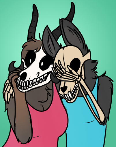 ambiguous_gender anthro black_background black_body black_fur black_sclera bone breasts canid canine curved_horn duo fan_character female fur girls_laughing_(meme) horn keadonger malo malo_0.9 malo_1.1 mammal meme monster multicolored_body multicolored_fur ram_horns scp-1471 scp-1471-a scp_foundation simple_background skull skull_face skull_head undead // 753x958 // 570.8KB