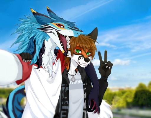 2017 5_fingers absurd_res anthro black_body black_fur black_nose blue_body blue_fur blue_hair blurred_background brown_hair camera canid canine clothed clothing day duo egsaku_(character) fingers fox fully_clothed fur green_eyes hair hi_res holding_object holding_phone jacket jewelry looking_at_viewer male mammal neck_tuft necklace open_mouth orange_body orange_fur phone photo red_eyes rengako_(egsaku) sergal sharp_teeth shirt sky smile standing teeth tongue topwear tuft viskasunya white_body white_fur // 4000x3150 // 4.9MB