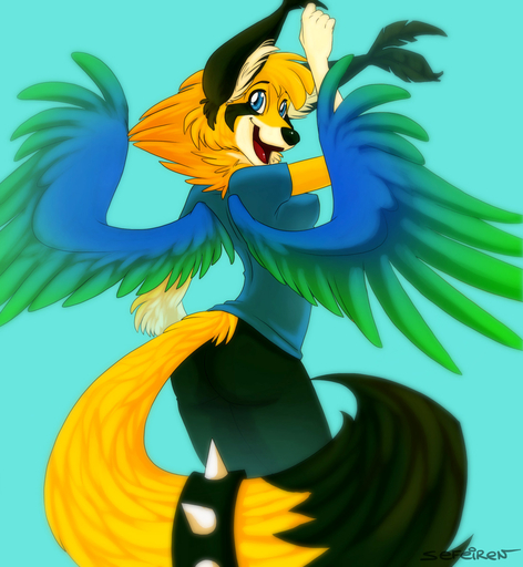 anthro blue_eyes bottomwear clothed clothing conditional_dnp feathered_wings feathers female hi_res manda_panda pants sefeiren shirt solo spikes stripes tongue topwear wings // 1106x1200 // 312KB