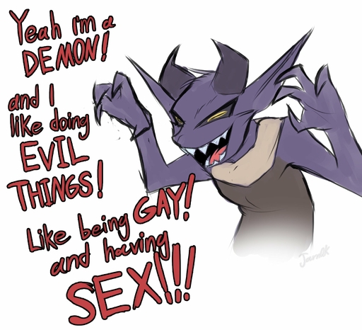 4_fingers anthro demon dialogue english_text fingers hair hi_res horn jarnqk male open_mouth open_smile purple_hair sharp_teeth simple_background smile solo teeth text tongue white_background yellow_eyes // 1837x1673 // 313.9KB