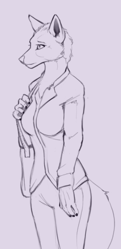 2020 anthro bottomwear breasts canid canine clothing female fox grey_background hi_res jacket lord_magicpants mammal monochrome pants side_view simple_background solo topwear // 877x1800 // 135KB