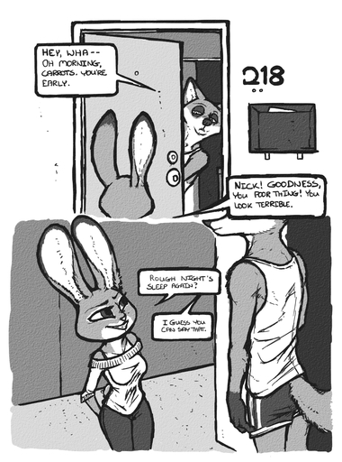 anthro bottomwear boxers_(clothing) canid canine clothing comic dialogue disney english_text female fox hi_res judy_hopps lagomorph luraiokun male mammal monochrome nick_wilde pants shirt tank_top text topwear underwear zootopia // 950x1280 // 874.6KB