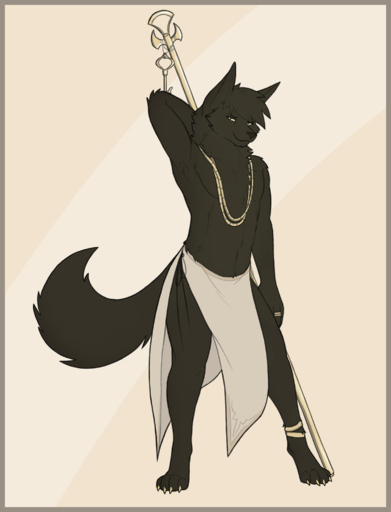 2018 anklet anthro anubian_jackal canid canine canis fuzzikayu hi_res jackal jewelry looking_at_viewer male mammal necklace rilohn simple_background solo staff // 1563x2046 // 612.0KB