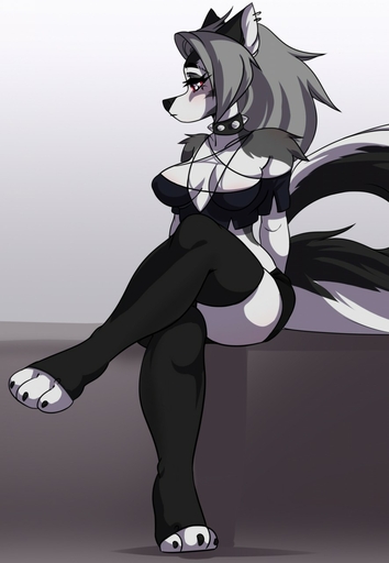2019 anthro biped black_collar bra breasts canid canid_demon canine canis clothed clothing collar demon ear_piercing ear_ring female hellhound helluva_boss hi_res katfishcom loona_(vivzmind) mammal piercing red_sclera sitting solo spiked_collar spikes underwear wolf // 885x1280 // 100.5KB