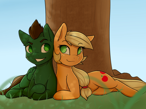 4:3 applejack_(mlp) blonde_hair brown_hair cutie_mark day duo equid equine fan_character female feral friendship_is_magic grass green_eyes hair hasbro horse male mammal my_little_pony outside pegasus plant pudgeruffian smile tree wings // 1280x960 // 756.2KB