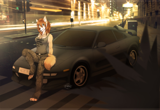 2014 anthro arm_support barefoot belt biped blurred_background bottomwear breasts brown_hair brown_nose building camo canid canine canis car car_hood_pose chest_tuft clothing depth_of_field digital_media_(artwork) edit f-r95 feet female fur hair hi_res light looking_at_viewer mammal night on_hood on_one_leg pants paws photo_background pinup pose road shirt solo standing street tan_body tan_fur tank_top topwear toyota toyota_mr2 tuft vehicle wolf // 2681x1852 // 3.9MB