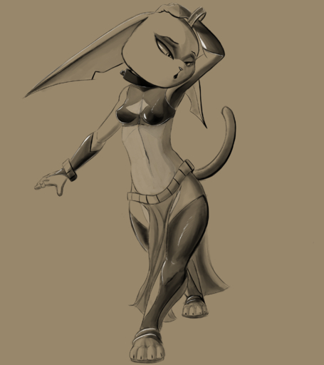 4_toes absurd_res anthro biped breasts brown_background clothed clothing collar dancing feet felid female hand_behind_head hi_res leggings legwear mammal moglin monochrome open_mouth pose raised_arm sabrotiger simple_background small_breasts solo standing toes // 2684x3018 // 2.3MB