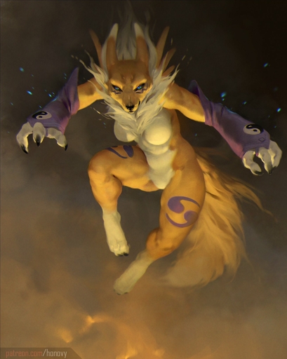 2020 3_fingers 4_toes anthro bandai_namco blue_eyes breasts canid digimon digimon_(species) digital_media_(artwork) featureless_breasts featureless_crotch feet female fingers hi_res honovy mammal renamon solo toes // 1292x1618 // 152.6KB