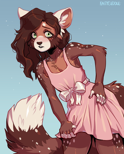2021 5_fingers ailurid anthro biped blue_background blush brown_hair clothed clothing crossdressing dress fingers green_eyes hair kaitycuddle male mammal pink_clothing pink_dress red_panda signature simple_background solo standing // 715x884 // 371.7KB