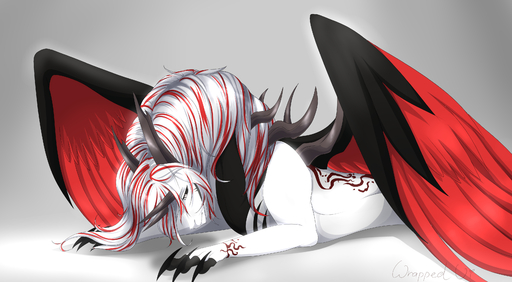2019 absurd_res ambiguous_gender claws digital_media_(artwork) dragon feathered_dragon feathered_wings feathers feral grey_background hair hi_res red_body red_feathers simple_background solo white_hair wings wrappedvi // 3400x1874 // 2.5MB