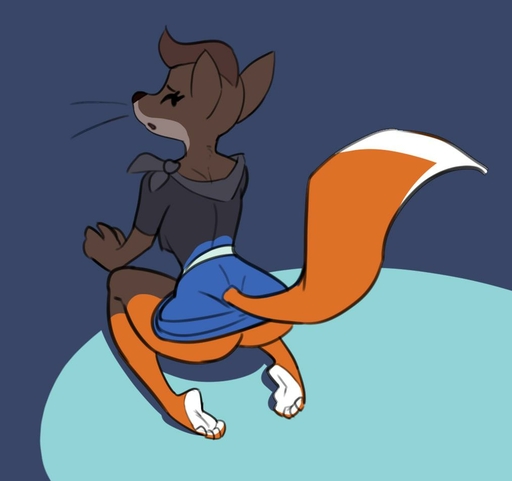 2019 anthro blue_clothing blue_dress bottomless butt canid canine clothed clothing countershade_feet countershading dress feet female fox foxie_(foxie_group_pty_ltd) high-angle_view kneeling looking_at_viewer looking_back looking_back_at_viewer mammal mascot orange_body shadow siroc soles solo // 1013x952 // 38.9KB