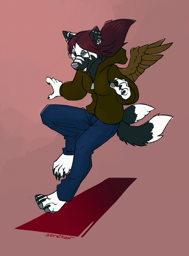 2013 4_toes anthro bottomwear canid canine claws clothed clothing conditional_dnp denim denim_clothing ear_piercing feathered_wings feathers feet female hair hi_res hindpaw hoodie jeans mammal multi_tail pants paws piercing purple_hair sefeiren solo toes topwear wings zipper // 946x1280 // 393.5KB