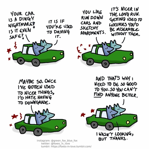 1:1 ? blue_body blue_fox_(foxes_in_love) blue_fur blue_tail canid canine car comic dialogue duo english_text exclamation_point feral fox foxes_in_love fur green_body green_fox_(foxes_in_love) green_fur green_tail hi_res male_(lore) mammal shadow simple_background text url vehicle // 1600x1600 // 305.7KB