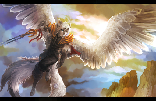 anthro barefoot biped black_bars clothed clothing day detailed_background digital_media_(artwork) digitigrade feathered_wings feathers feet fur hi_res hybrid juliathedragoncat outside solo white_body white_feathers white_fur wings // 2000x1300 // 3.0MB