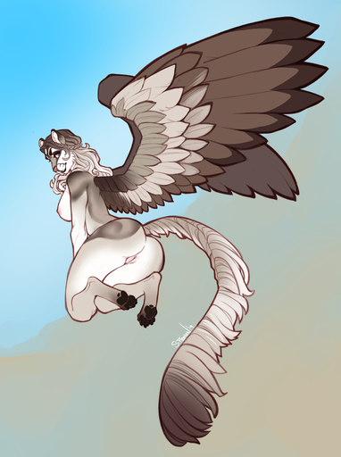 anthro breasts butt faint feathered_wings feathers felid feline female genitals hybrid looking_back mammal nipples nude pussy simple_background solo wings // 747x1000 // 414KB