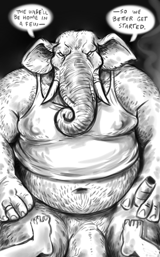 anthro belly bottomless cigar clothed clothing dialogue dramamine duo elephant elephantid english_text erection genitals male mammal monochrome musclegut navel nipple_outline obese overweight penis proboscidean shirt simple_background smoking solo_focus speech_bubble tank_top text topwear trunk tusks // 591x950 // 474.2KB