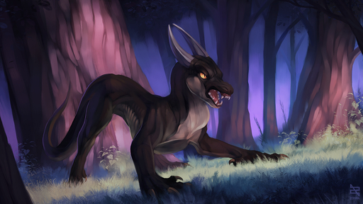 16:9 4_toes black_body black_fur claws day detailed_background dragon feet forest fur grass horn open_mouth outside plant teeth toes tongue tree widescreen wingless_dragon zephra // 1280x720 // 1.1MB