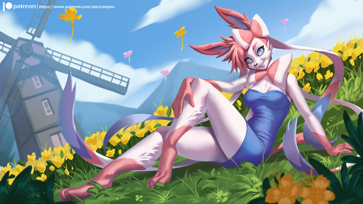 2019 3_toes alanscampos anthro anthrofied barefoot cloud digital_media_(artwork) eeveelution feet female flower grass hi_res mountain outside plant pokemon_(species) pokemorph sky smile solo sylveon text toes url video_games windmill // 2100x1181 // 1.2MB