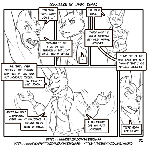 anthro bound canid canine clothed clothing comic dialogue digital_drawing_(artwork) digital_media_(artwork) duo english_text fox fox_mccloud hi_res james_howard lagomorph leporid male mammal rabbit sketch text url video_games // 1821x1809 // 1.1MB