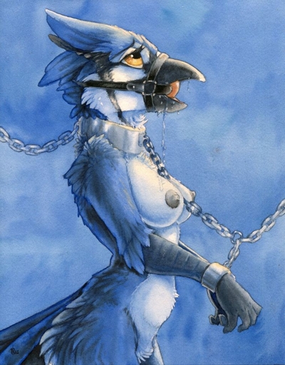 2015 anthro arms_bound_to_collar avian ball_gag bdsm beak belly biped bird black_beak black_body black_feathers blue_background blue_body blue_feathers blue_jay blue_jay_(ruaidri) bodily_fluids bound breasts chain collar corvid countershade_face countershade_torso countershading drooling eyelashes feathers female gag gagged grey_nipples handcuffs harness harness_ball_gag harness_gag jay_(bird) looking_up medium_breasts multicolored_body multicolored_feathers muzzle_(object) new_world_jay nipples non-mammal_breasts nude open_mouth oscine painting_(artwork) passerine ruaidri saliva shackles side_view simple_background slave solo standing submissive submissive_female tail_feathers tongue traditional_media_(artwork) watercolor_(artwork) white_belly white_body white_countershading white_feathers yellow_eyes // 760x972 // 122.0KB