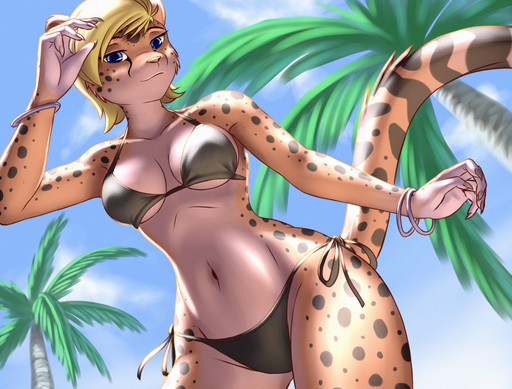 2017 5_fingers anthro bikini biped black_bottomwear black_clothing black_topwear blonde_hair blue_eyes blue_sky bottomwear bracelet breasts charlotte_(sapphire-emeraldbolt) cheetah claws clothed clothing day detailed_background digital_media_(artwork) felid feline female fingers front_view fully_clothed fur hair jewelry leaning leaning_forward looking_at_viewer looking_down low-angle_view mammal midriff multicolored_body navel nipple_outline outside pak009 palm_tree pinup plant pose public raised_tail shaded short_hair sky soft_shading solo spots spotted_body spotted_fur swimwear tan_body tan_fur topwear tree under_boob // 1280x973 // 1.3MB