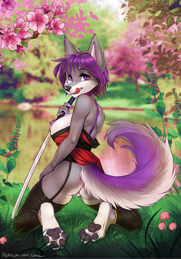 2016 anthro biped breasts butt canid canine canis clothed clothing digital_media_(artwork) digitigrade dress female flower garter_belt garter_straps genitals hair iskra jess_(teckly) katana kneeling legwear licking licking_lips looking_at_viewer looking_back mammal melee_weapon nipples no_underwear outside pawpads paws pinup plant pose purple_eyes purple_hair purple_nipples pussy rear_view self_lick shaded short_hair solo stockings sword thigh_highs toe_curl tongue tongue_out weapon wolf // 600x857 // 983.2KB
