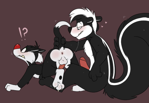 anthro duo felid hi_res implied_oral looking_down male malemale mammal mephitid pepe_le_pew rotten_robbie skunk surprised_expression sylvester tail_grab // 2082x1439 // 713.4KB