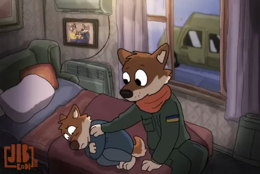 anthro canid canine canis car cub domestic_dog duo father father_and_child jib_kodi_(artist) male mammal military parent parent_and_child shiba_inu spitz ukraine vehicle webm young // 606x408, 32.9s // 710.6KB