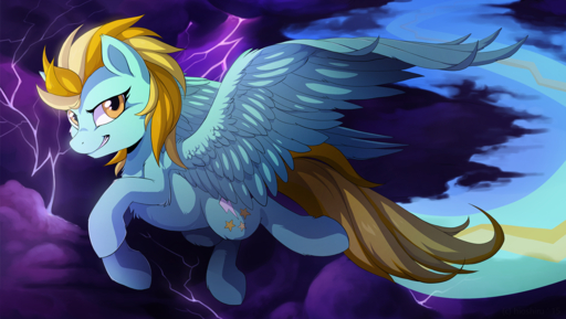 blonde_hair blue_body blue_feathers blue_fur cutie_mark detailed_background equid equine feathered_wings feathers female feral flying fur hair hioshiru hooves horse lightning lightning_dust_(mlp) looking_at_viewer mammal multicolored_hair orange_eyes pegasus smile solo storm_clouds two_tone_hair wings // 1360x768 // 1.2MB