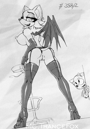 anthro breasts butt chiropteran clothing duo eulipotyphlan female footwear garter_straps genitals greyscale hedgehog high_heels looking_back macmegagerc mammal monochrome nipples open_mouth pussy rouge_the_bat rubber shoes sketch smile solo_focus sonic_the_hedgehog // 625x900 // 422.6KB