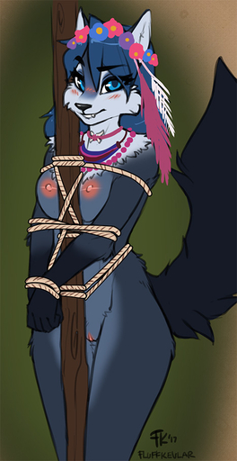 2017 accessory anthro bianca_(sheep_and_wolves) blue_body blue_eyes blue_fur blue_hair blush bound breasts canid canine canis fang_out feathers female flower flower_in_hair fluff-kevlar fur genitals hair hair_accessory jewelry looking_at_viewer mammal necklace nipples nude plant pole pussy rope russian sheep_and_wolves skinny_dipping smile solo submissive submissive_female tuft wizart wizarts wolf // 467x905 // 131.6KB