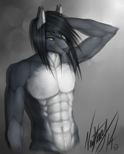 abs absurd_res anthro athletic biceps biped black_hair black_nose canid canine canis clothed clothing fur green_eyes grey_body grey_fur grey_nipples grin hair hand_behind_head hi_res looking_at_viewer lordwolfie male mammal muscular muscular_anthro navel nipples nude pecs pose raised_arm smile solo standing topless vexstacy wolf // 2652x3288 // 2.5MB