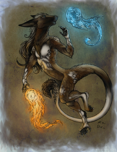 2012 abstract_background anthro biped brown_body brown_eyes brown_fur chest_tuft claws fengzhou fire fireball fur grey_hair hair hi_res hindpaw jakthedrox magic male mammal markings nude on_one_leg paws pose sergal simple_background solo standing tail_tuft textured_background tuft water // 927x1200 // 256.9KB