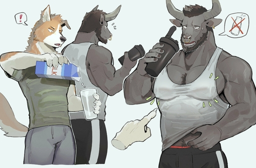 abs absurd_res anthro bodily_fluids bottomwear bovid bovine canid canine cattle clothed clothing facial_piercing hi_res horn k0bit0wani male mammal milk muscular nose_piercing nose_ring pants piercing ring_piercing shirt simple_background sweat topwear white_background // 3500x2300 // 967.5KB