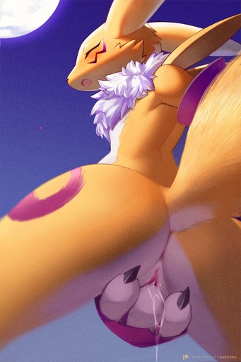 ancesra anthro anus armwear blush bodily_fluids chest_tuft claws clothing digimon_(species) eyes_closed female fingering genital_fluids genitals hi_res looking_at_viewer looking_down masturbation moon night open_mouth pussy pussy_juice raised_tail renamon sky solo spread_legs spreading standing tuft vaginal vaginal_fingering watermark // 1333x2000 // 531.8KB