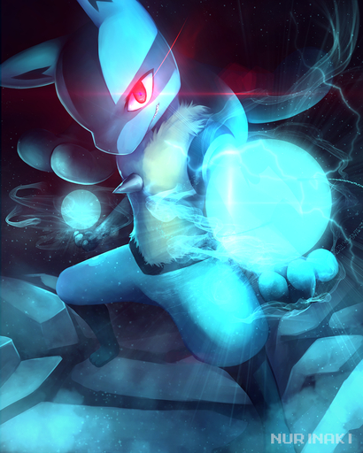 2015 4:5 ambiguous_gender anthro artist_name aura_sphere blue_body blue_fur canid canine digital_media_(artwork) energy fur generation_4_pokemon glowing glowing_eyes hi_res looking_at_viewer lucario mammal nurinaki pokemon_(species) pokemon_move red_eyes smile solo spikes teeth text video_games // 960x1200 // 3.3MB