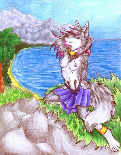 anthro biped bottomwear breasts canid canine clothed clothing cloud female kneeling mammal nipples outside ruaidri seaside skirt sky solo syandene topless torn_clothing // 756x965 // 178.6KB