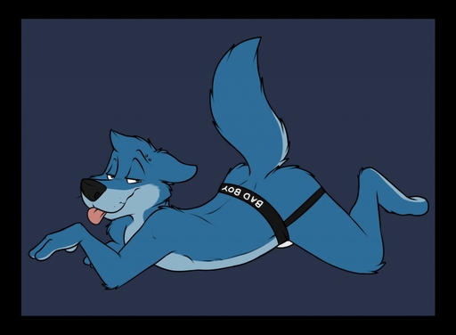 anthro bedroom_eyes big_nose black_border blue_body blue_fur border butt canid canine canis clothing digital_media_(artwork) flat_colors fur half-closed_eyes inviting jockstrap looking_at_viewer male mammal narrowed_eyes playful raised_tail robbie_(rotten_robbie) rotten_robbie seductive solo tongue tongue_out underwear wolf // 1280x939 // 75.7KB