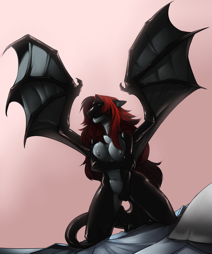 2014 5:6 anthro bed black_body black_skin breasts dragon faint female furniture glistening hair hi_res long_hair membrane_(anatomy) membranous_wings nipples non-mammal_breasts nude pillow pose red_hair scalie seductive solo spread_wings wings // 1000x1200 // 631.7KB
