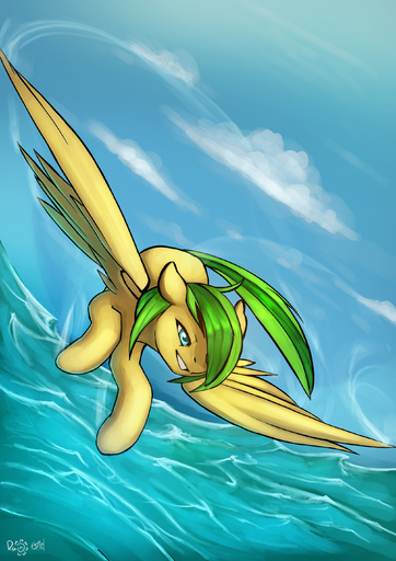 absurd_res blue_eyes day detailed_background digital_media_(artwork) digital_painting_(artwork) equid equine fan_character feathered_wings feathers female feral green_hair hair hasbro hi_res hooves horse mammal my_little_pony nude outside pegasus photonoko sky smile solo water wings // 2000x2829 // 2.3MB