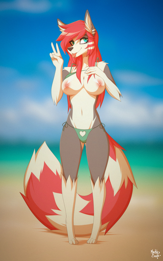 2019 4_toes 5_fingers anthro areola beach bikini blurred_background breasts canid canine canis clothed clothing digital_media_(artwork) feet female fingers gesture hair hi_res hybrid inner_ear_fluff long_hair looking_at_viewer mammal marblesoda nipples procyonid raccoon red_hair rikki seaside smile solo standing swimwear teal_eyes toes tongue tongue_out tuft v_sign wolf // 874x1400 // 906.7KB