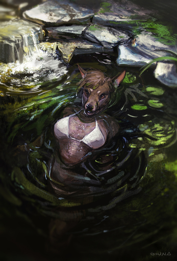 anthro bathing bra breasts cervid clothing conditional_dnp female mammal oouna solo underwear water waterfall // 746x1102 // 591KB