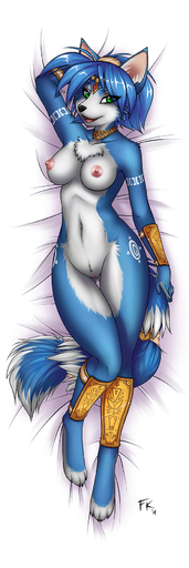 anthro bed biped blue_body blue_fur blue_hair breasts butt canid canine dakimakura_design digital_media_(artwork) digitigrade female fluff-kevlar fox fur furniture genitals green_eyes hair hi_res jewelry krystal looking_at_viewer lying mammal necklace nintendo nipples nude on_back on_bed pussy smile solo star_fox video_games white_body white_fur wide_hips // 591x1772 // 321.8KB
