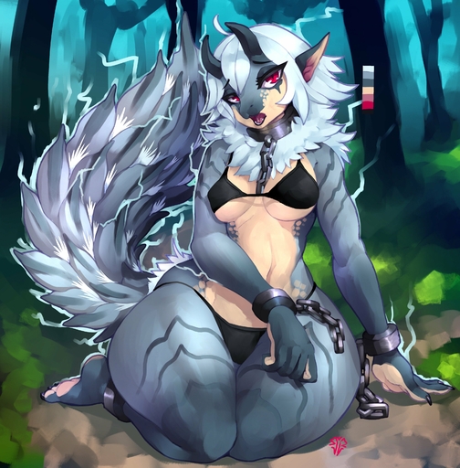 absurd_res anthro anthrofied big_tail black_clothing bra clothed clothing collar fanged_wyvern female front_view hi_res horn kneeling looking_at_viewer mammal nipple_outline panties pupils red_eyes slit_pupils solo thick_thighs tobi-kadachi underwear video_games wide_hips zerolativity // 3152x3200 // 987.6KB